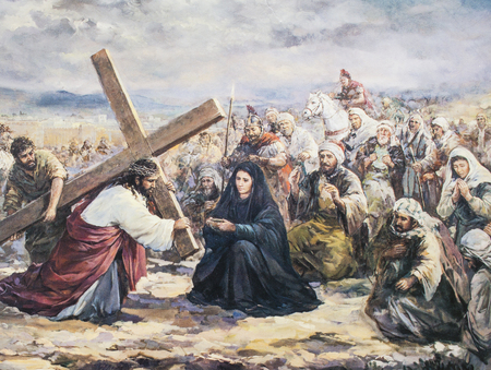 CHIANGMAI, THAILAND - November 11, 2016. old Printed image of Jesus was carrying the cross to Golgotha in Grace Church Chiangmai, Thailand . Printed from the end of 20 cent. Originally by Korean artistのeditorial素材