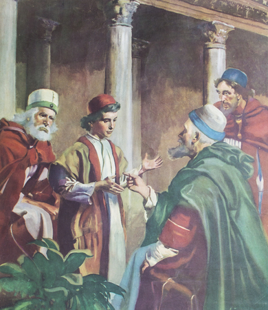 CHIANGMAI, THAILAND - November 11, 2016.  Printed image of the boy Jesus at the temple talked with leaders in Grace Church Chiangmai, Thailand . Printed from mid of 19 cent.Originally by Cleveland Woodwardのeditorial素材