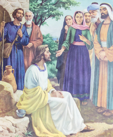 CHIANGMAI, THAILAND - November 11, 2016. Printed image of Jesus and Samaritan people in Grace Church Chiangmai, Thailand . Printed from mid of 19 cent. Originally by unknown artist.のeditorial素材