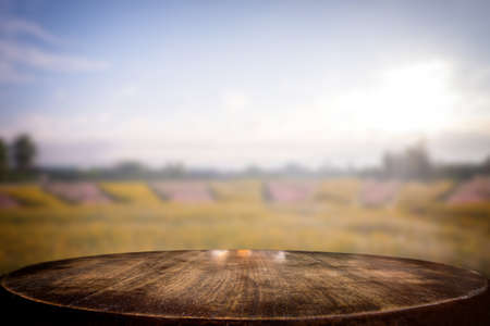 Selected focus empty wooden table and view of many flower blur background with bokeh image. for your photomontage or product display.の写真素材