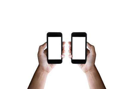 Man hands holding horizontal the black smartphone with blank screen, isolated on white background.の写真素材