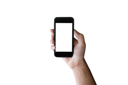 Man hand holding horizontal the black smartphone with blank screen, isolated on white background.の写真素材