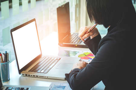 business woman Working Laptop Connecting Networking Concept with many document graph data, business new plan. の写真素材