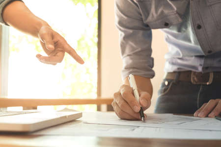 Image of engineer or architectural project, engineering and partner drawing plan on BluePrint with...