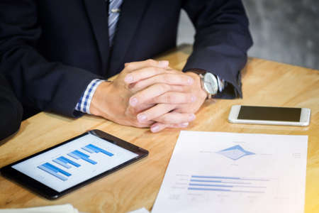 Close-up of business man handful listen to conference presenting room.の写真素材