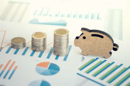 financial banking stock spreadsheet with stack coin and piggy on accountant data, growth rate, finance, saving, investment, business and banking concept.の写真素材