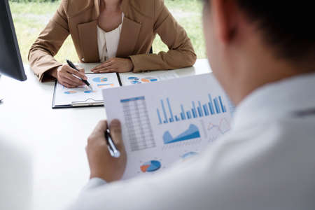 Business people conference, Two confident executive colleagues meeting and discussing, working in...