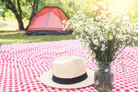 Hat and flower on the Red classic checkered tablecloth and camping background.の写真素材