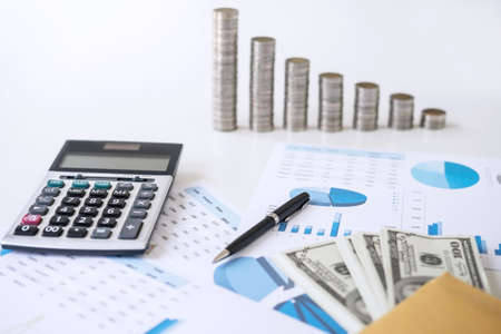 Business accessories in selective focus, Items for accounting, Marketing strategy, investment and saving, accounting and stock market.の写真素材