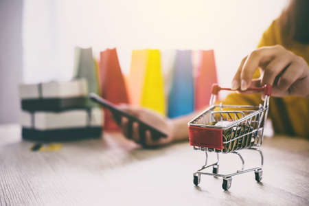 Close up of Shopping Cart, Young woman using smartphone for online shopping website and pay by credit card, Online payment and shopping concept.の写真素材