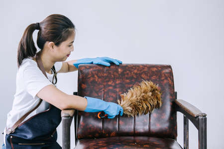 Housekeeping and cleaning concept, Happy young woman in blue rubber gloves wiping dust using a...