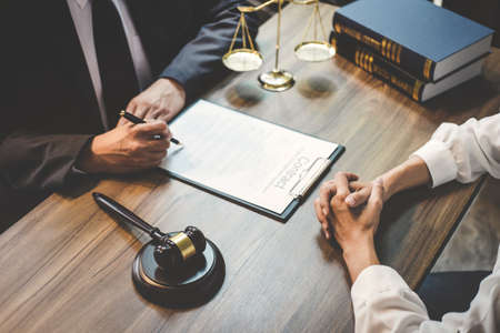Businesswoman and Male lawyer or judge consult having team meeting with client, Law and Legal...