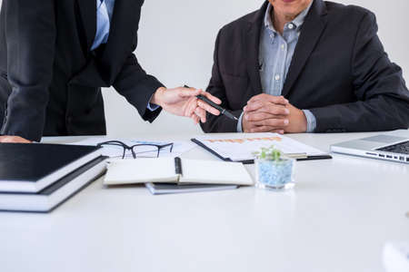 Teamwork process, Business partners meeting and discussing for new project investments and sale performance, financial and business strategy concept.の写真素材