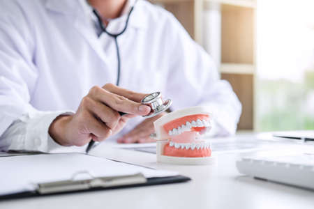 Male doctor or dentist checking teeth disease in dental model and equipment used in the treatment of...