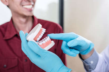 Male doctor or dentist working with jaw model and recommend patient to treatment at clinic.
