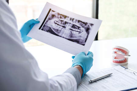Image of male doctor or dentist holding and looking at dental x-ray.の写真素材