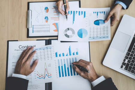 Finance manager meeting discussing company growth project success financial statistics, professional...