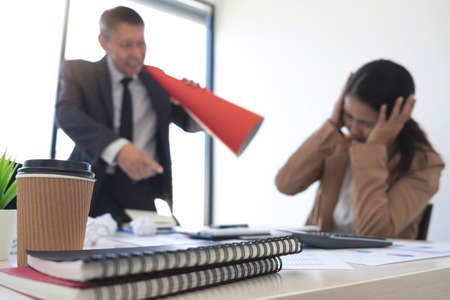 Blaming business concept, Senior executive manager blaming employee for mistake or failure, business...