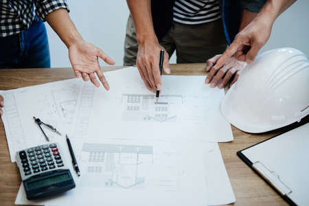Architecture Engineer Teamwork Meeting, Drawing and working for architectural project and...