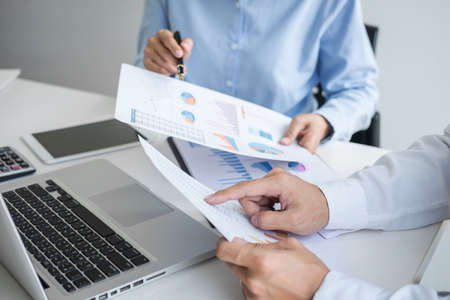 Business team colleagues discussing working analyzing with financial data and marketing growth...