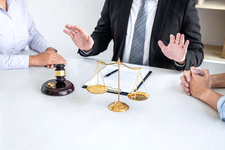 Unhappy divorce couple having conflict, Man and wife conversation during divorce process with male...