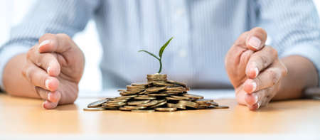 Asian businessman hand protecting plant sprouting growing on pile of coins on the table while saving...