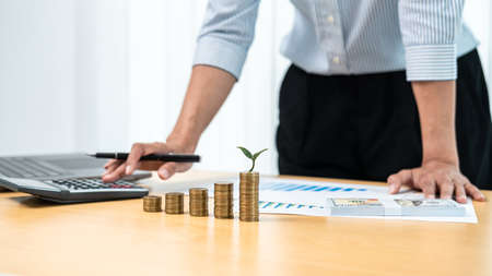 Asian business woman using calculator to calculate profit from chart on paper and putting to stacking coins with tree growing on coin about finance and accountingの写真素材