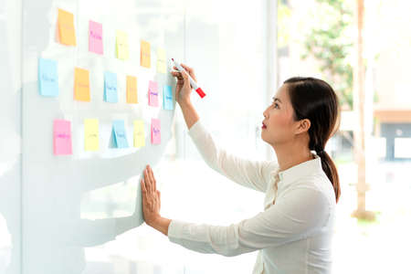 Businesswoman executive writing and taking notes keyword on board wall to planning about a new...