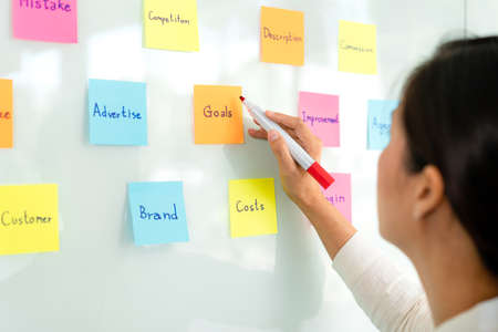 Businesswoman executive writing and taking notes keyword on board wall to planning about a new...