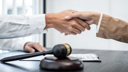 Businesswoman shaking hands with Professional male lawyer after discussing a good deal of contract...
