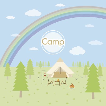 Forest campsite landscape with rainbowのイラスト素材