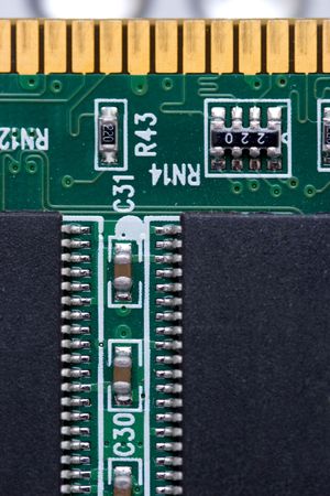 Macro shot of ram chip and circuitry on a home computer or PC
