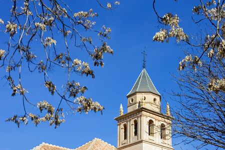 Beautiful gardens and tower of the ancient Alhambra Palace in Granada on the Costa del Sol in Spainのeditorial素材