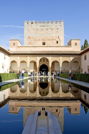Beautiful pond and architecture of the ancient Alhambra Palace in Granada on the Costa del Sol in Spainのeditorial素材