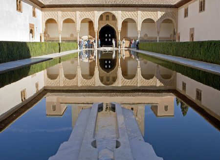 Beautiful pond and architecture of the ancient Alhambra Palace in Granada on the Costa del Sol in Spainのeditorial素材