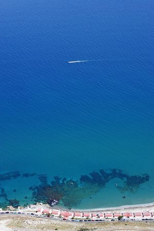 View from tip of Rock of Gibraltar looking out to sea and the Spanish coast beyondの写真素材