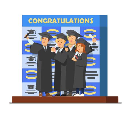 group of friends taking pictures on graduation day at the photo booth. Vector illustration of students expressing their excitement.のイラスト素材