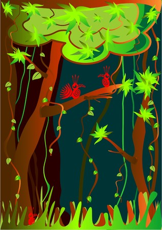 Jungle with trees and lianas, and birds sitting on branchesのイラスト素材