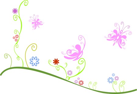 Butterfly flying over flowering meadows, isolated on a white backgroundのイラスト素材