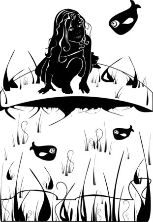 little girl at the river with reeds and fishのイラスト素材