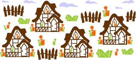 Rural landscape with houses and fences with flowers isolated on white backgroundのイラスト素材