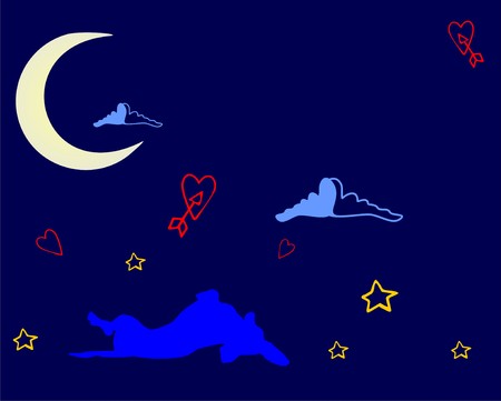 Magic dog dream against darkly dark blue sky, among cloudsのイラスト素材