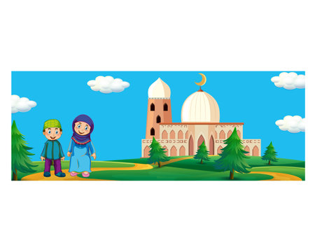 Muslim people in front of mosque vector illustrationのイラスト素材