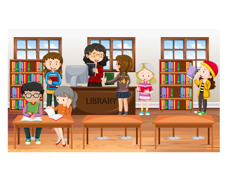 Children reading books in library vector illustrationのイラスト素材