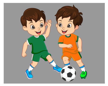 Two boys playing soccer on gray background. Vector illustration of children.のイラスト素材