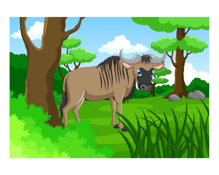 Wildebeest in the forest. Vector illustration in cartoon styleのイラスト素材