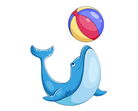 Illustration of a Cute Blue Whale Playing with a Beach Ballのイラスト素材