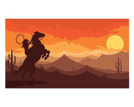 Cowboy with a horse in the desert at sunset, vector illustrationのイラスト素材