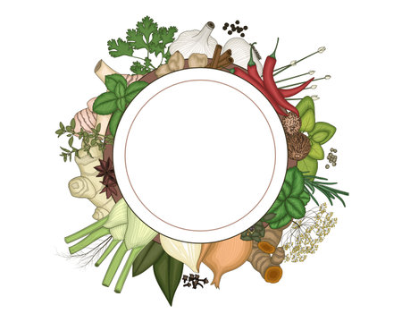 Round frame with herbs and spices on white background. Vector illustration.のイラスト素材