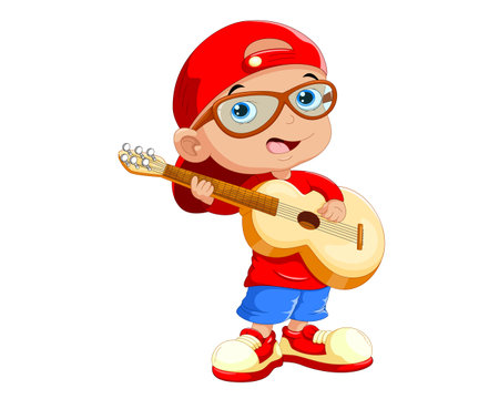 Cute Little Boy Playing Guitar Cartoon Character Isolated on White Backgroundのイラスト素材
